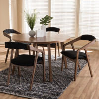 Baxton Studio Walnut Sunburst Dining Set Wendy Mid-Century Modern Black Fabric and Walnut Medium Brown Wood Finishing Dining Set